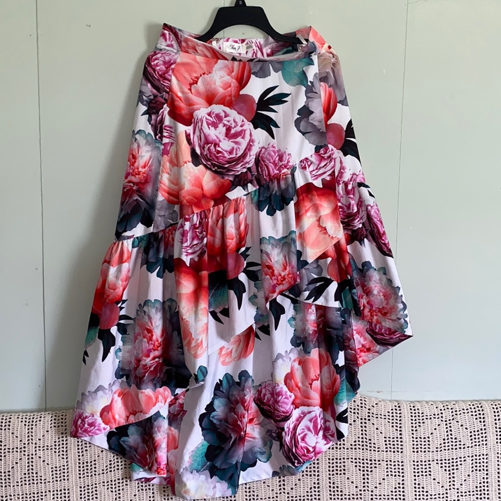 Eliza J Floral High-Low Skirt in Pink, Coral & Green